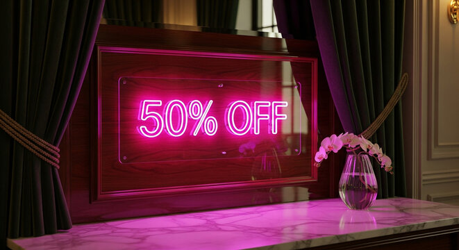 Stunning neon 50% OFF sign illuminates luxurious interior, creating a vibrant, exclusive sale atmosphere for shoppers seeking incredible deals.