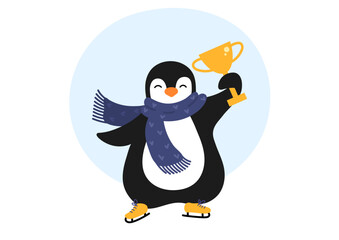 Cute penguin on ice skates holdind award cup.