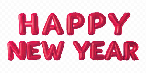 abstract 3d Happy New Year typography made by different color foil balloons isolated on transparent background
