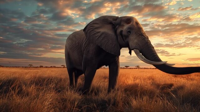 Majestic African elephant standing proudly in a golden savanna landscape at sunset, showcasing stunning wildlife and nature.