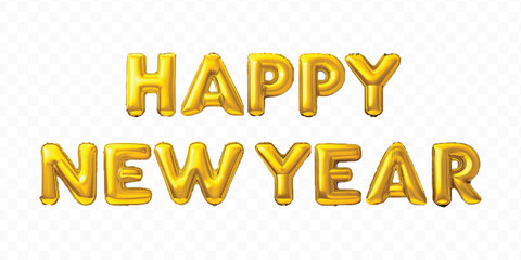 abstract 3d Happy New Year typography made by different color foil balloons isolated on transparent background