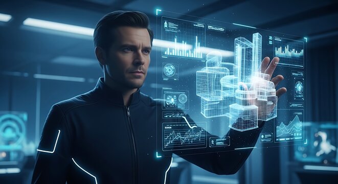 Futuristic Engineer Interacting with Holographic Display in Advanced Lab. - Powered by Adobe