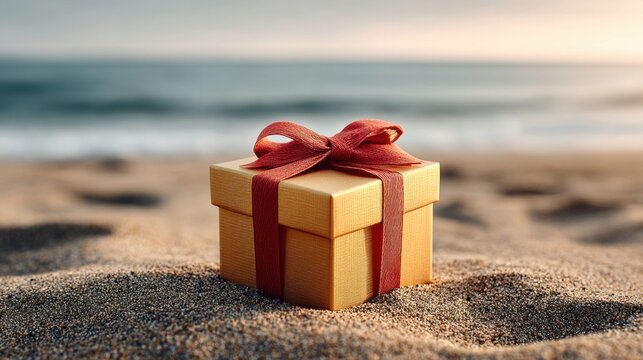 Gift box with red ribbon on sandy beach with ocean in the background