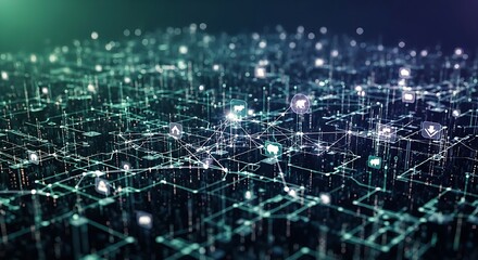 Abstract digital network grid with glowing nodes and lines representing data flow and connections in a futuristic concept