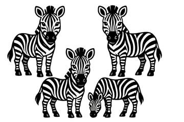Naklejka premium Four stylized black and white zebra animals in various poses