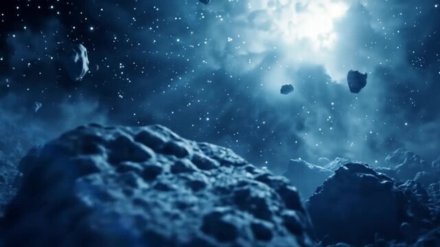 Asteroid field in deep space with glowing star and nebulous background. Cosmic landscape with meteoroids, stars, and celestial light.
