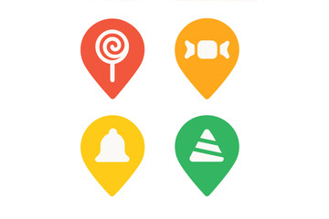 Collection of bright map pointer icons with candy and notification symbols