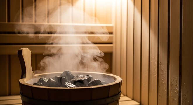 Sauna Relaxation - Steaming Rocks and Wooden Interior.