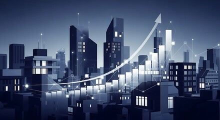 Financial growth and investment in urban cityscapes, visualizing economic progress with upward trend arrow graph overlayed on modern architecture buildings