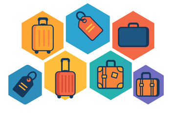 Colorful hexagonal icons featuring luggage and travel tags for vacation planning