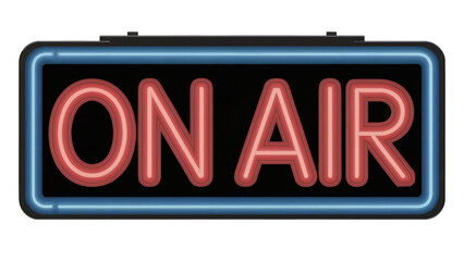 Vintage neon ON AIR sign glows vibrantly, perfect for broadcasting, streaming, or studio announcements, capturing live energy isolated on white or transparent png.