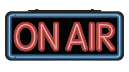 Vintage neon ON AIR sign glows vibrantly, perfect for broadcasting, streaming, or studio announcements, capturing live energy isolated on white or transparent png.