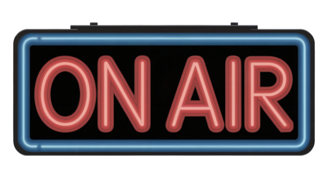 Vintage neon ON AIR sign glows vibrantly, perfect for broadcasting, streaming, or studio announcements, capturing live energy isolated on white or transparent png.