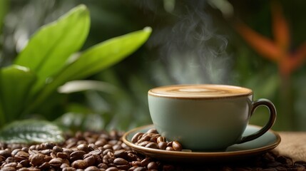Obraz premium Steaming cup of cappuccino resting on coffee beans on a wooden table with green background