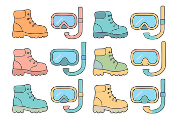 Seamless pattern of hiking boots and snorkeling masks for outdoor adventure