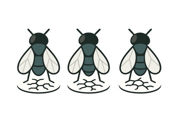 Three stylized house flies standing on cracked ground texture