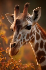 Obraz premium Striking close-up of a young giraffe's gentle gaze against golden autumn foliage