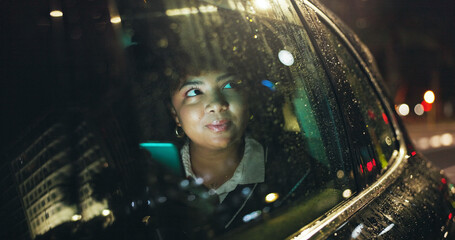 Night, thinking and happy woman by car window with phone, transportation or remember memory in rain. Dark city perspective, mobile or person admire town with bokeh, travel or taxi trip for reflection