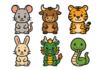 Six adorable cartoon icons representing Chinese zodiac animals