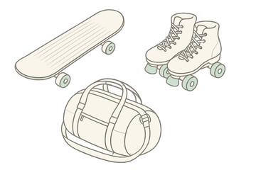 Isometric sports equipment collection with skateboard roller skates and duffel bag
