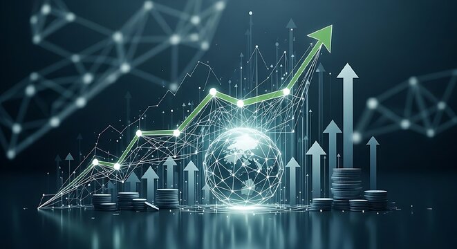 Global financial growth and economic expansion depicted through a futuristic digital representation of the Earth with upward trending charts and stock market gains