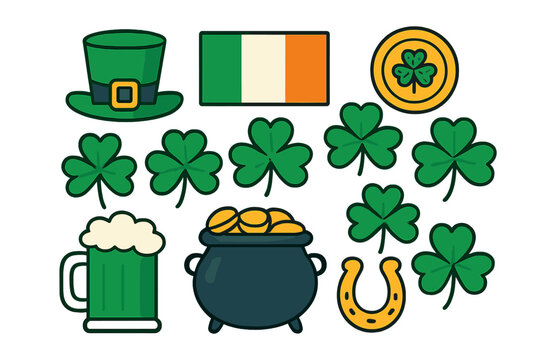 Festive St Patrick Day symbols including shamrocks leprechaun hat and pot of gold - Powered by Adobe