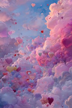 Vibrant and whimsical painting of fluffy colorful hearts strung across a pink and blue cloudscape