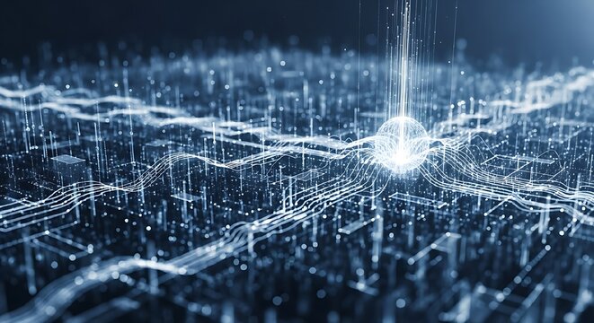 Abstract digital cityscape with glowing sphere and connected data streams, representing futuristic urban technology and global network connectivity in a digital world