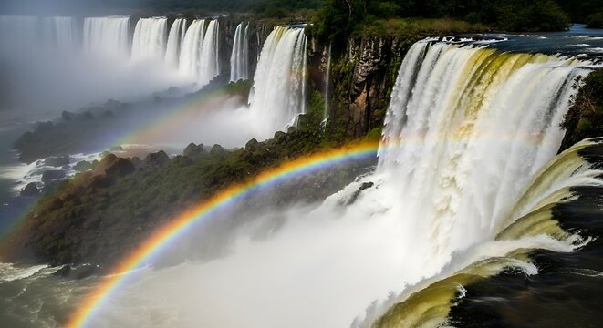 Iguazu Falls - A Majestic Cascade with a Vibrant Rainbow.