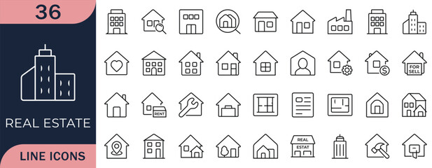 Real estate line icon set. Showing house, building, apartment, sale, rent, and property concepts. Perfect for housing, construction, and architecture projects.