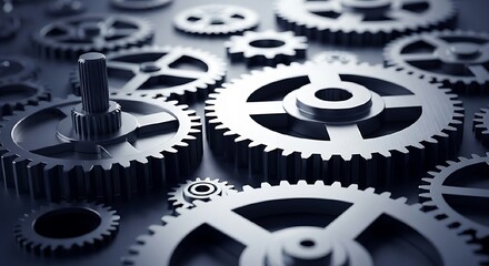 Close-up, detailed view of interconnected metal gears meshing together, representing industry, technology, and complex mechanisms working in unison