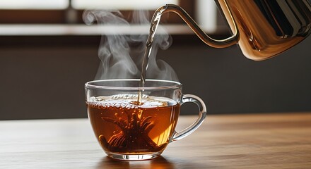 Pouring hot tea into a glass cup with steam rising.