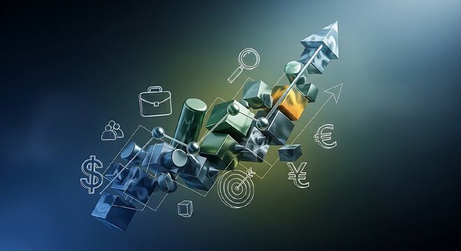 Financial Growth Concept with Upward Arrow, Currency Symbols, and Business Icons Representing Success and Investment - Powered by Adobe