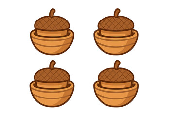 Four stylized brown acorn icons featuring textured caps and striped cups