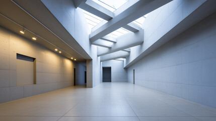 Obraz premium Futuristic concrete corridor with geometric architecture and sunlight at the end. 