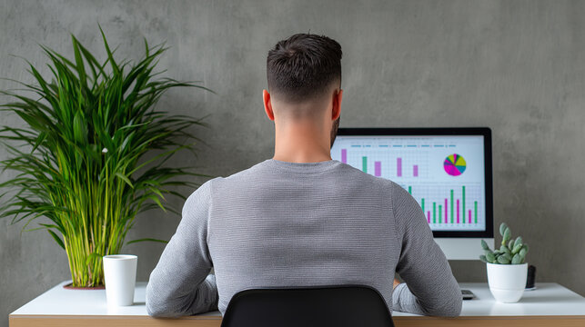 Man working at desk analyzing business charts on computer in home office.
