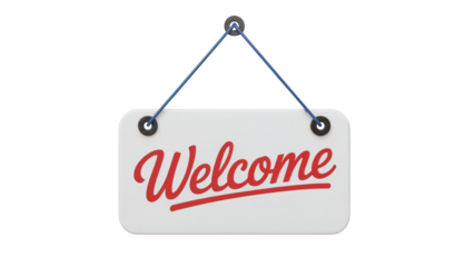 Charming white 'Welcome' sign with red script lettering, perfect for greeting guests to your business or home with warmth and hospitality isolated on white or transparent png.