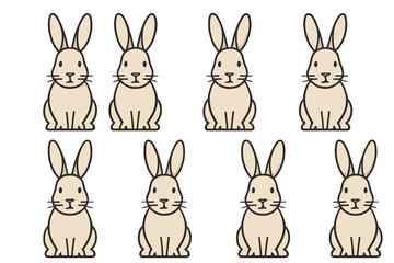 Group of adorable cartoon rabbits sitting in neat rows