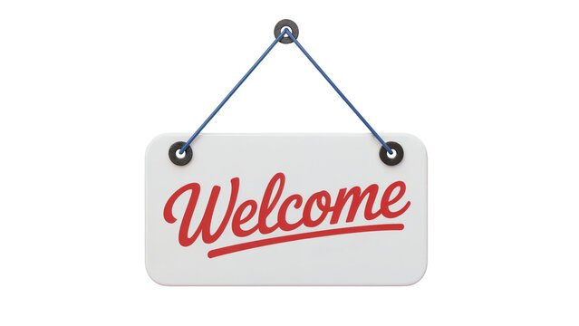 Charming white 'Welcome' sign with red script lettering, perfect for greeting guests to your business or home with warmth and hospitality isolated on white or transparent png.