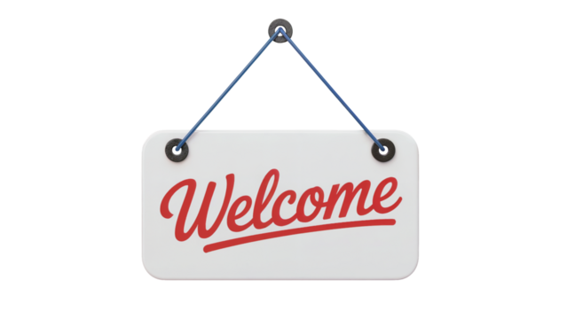 Charming white 'Welcome' sign with red script lettering, perfect for greeting guests to your business or home with warmth and hospitality isolated on white or transparent png.