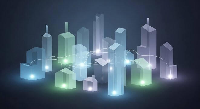 Futuristic glowing cityscape illustration with interconnected buildings and digital connections, representing smart city technology and urban development
