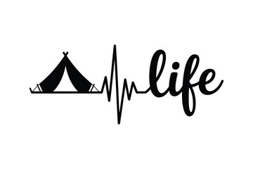Camping tent heartbeat line and word life, nature adventure design