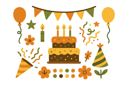 Set of autumnal birthday party elements including cake and festive balloons