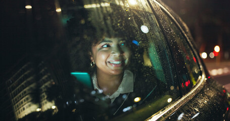 Night, thinking and happy woman by car window with mobile, transportation or remember memory in rain. Dark city perspective, phone or person admire town with bokeh, travel or taxi trip for reflection