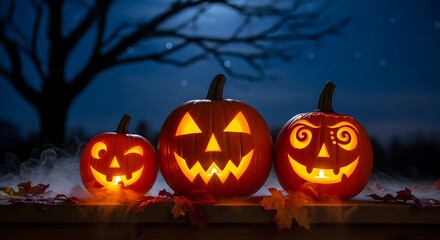 Three illuminated jack-o-lanterns glowing against a dark, spooky night backdrop.
