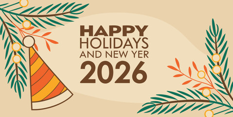 Christmas greetings card with Christmas tree , balloon's  Festive Happy Holidays and New Year 2026 Celebration Vector –.Modern Seasonal Greeting Design in brown green background