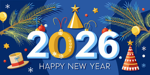 Christmas greetings card with Christmas tree , balloon's  Festive Happy Holidays and New Year 2026 Celebration Vector –.Modern Seasonal Greeting Design cartoon  in dark blue background