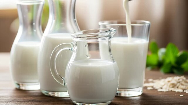 Composici&oacute;n de vasos de vidrio con leche fresca, alimentaci&oacute;n saludable y productos l&aacute;cteos naturales.