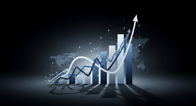 Global financial growth visualized with a 3D bar chart and upward trending arrow against a dark background with abstract network connections symbolizing economic expansion and market success