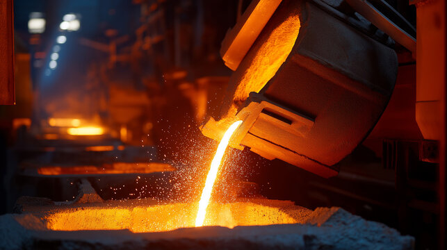 Molten metal pouring from furnace in industrial steel foundry with sparks flying.